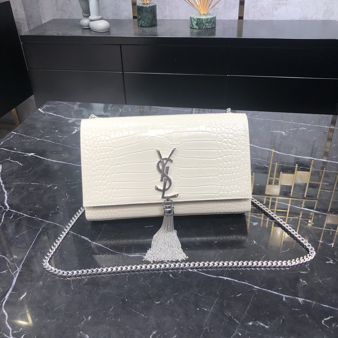 Saint Laurent Kate Tassel Medium Crocodile Embossed Calfskin Shoulder Bag White 354119 Silver